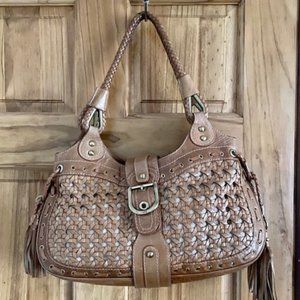 Rafe' Tan Woven Leather Bag with Tassels